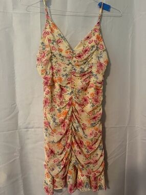 Astr Floral Ruched Spaghetti-Strap Midi Dress - Cream with Pink & Orange